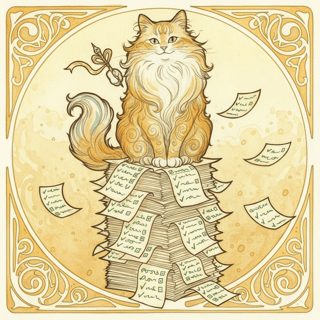 Mucha the cat sitting on a stack of completed todo lists