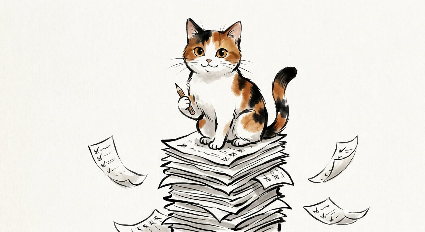Mucha the cat sitting on a stack of completed todo lists